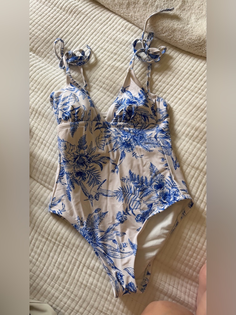 Kona Sol Blue and White Floral One-Piece Swimsuit with Tie Straps